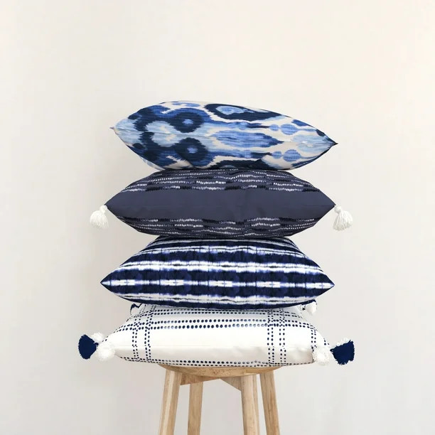 Coordinating Decorative Throw Pillow Covers, Square, 18" x 18", Blue, Set of 4, Ikat Print and Ge... | Walmart (US)
