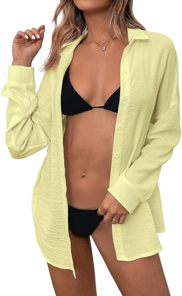 Womens Solid Drop Shoulder Shirt Top Button Blouse for Women | Amazon (US)