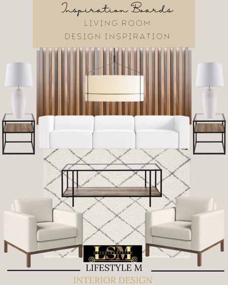Modern living room design idea. Recreate the look at home by shopping the pieces below. White sofa, living room rug, accent chairs, coffee table, end tables, table lamps, wood wall panels, pendant light.

#LTKSeasonal #LTKstyletip #LTKhome