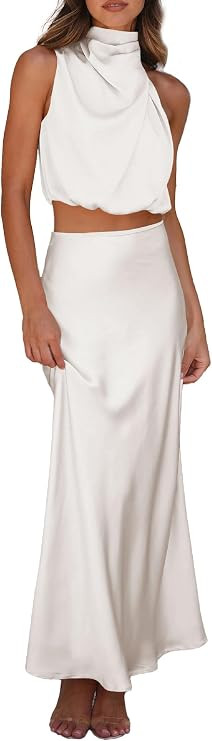 Famulily Two Piece Skirt Set for Women Midi Cocktail Dresses Satin Irregular Sleeveless Mock Neck... | Amazon (CA)