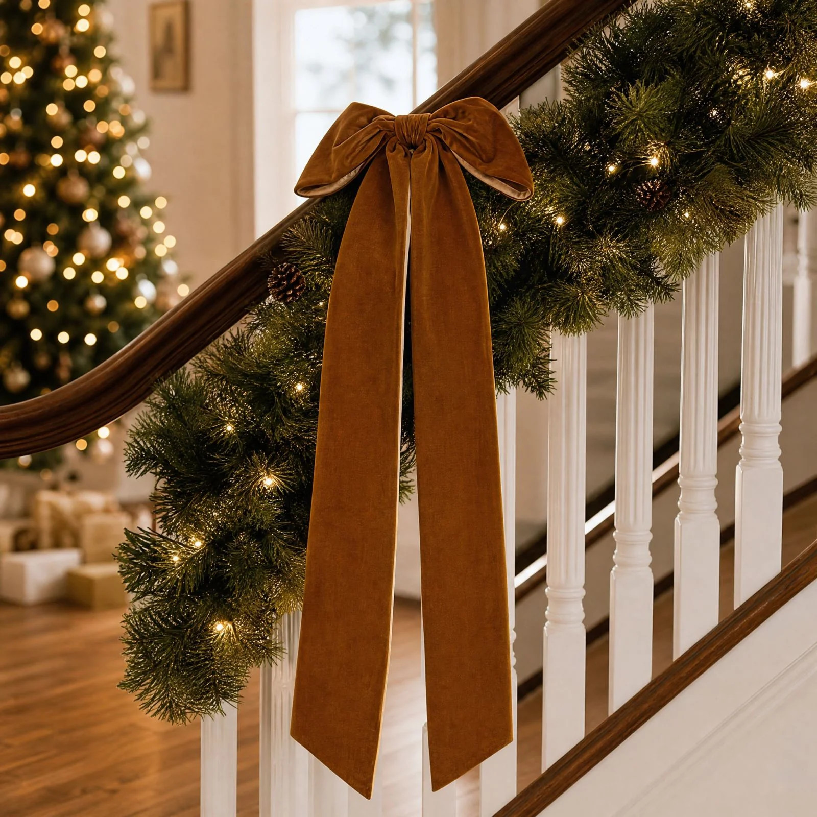 Long Velvet Bow with Long Streamers Large Decorative Velvet Ribbon Bow for Christmas Tree Staircase Railing Wreath Home Holiday Decor Christmas Decor | Wayfair North America