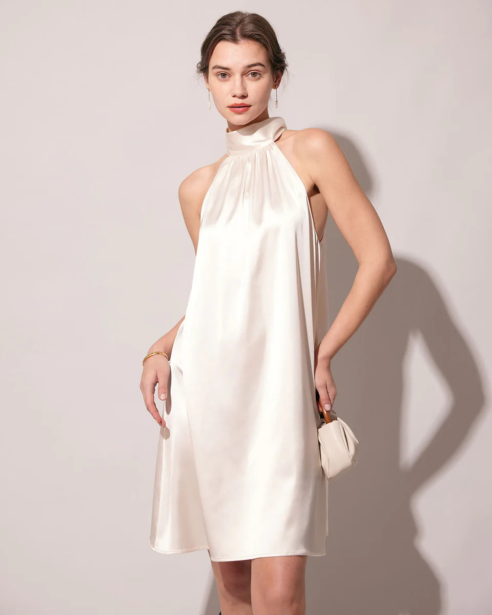 The Apricot Halter Satin A-line Mini Dress | rihoas.com