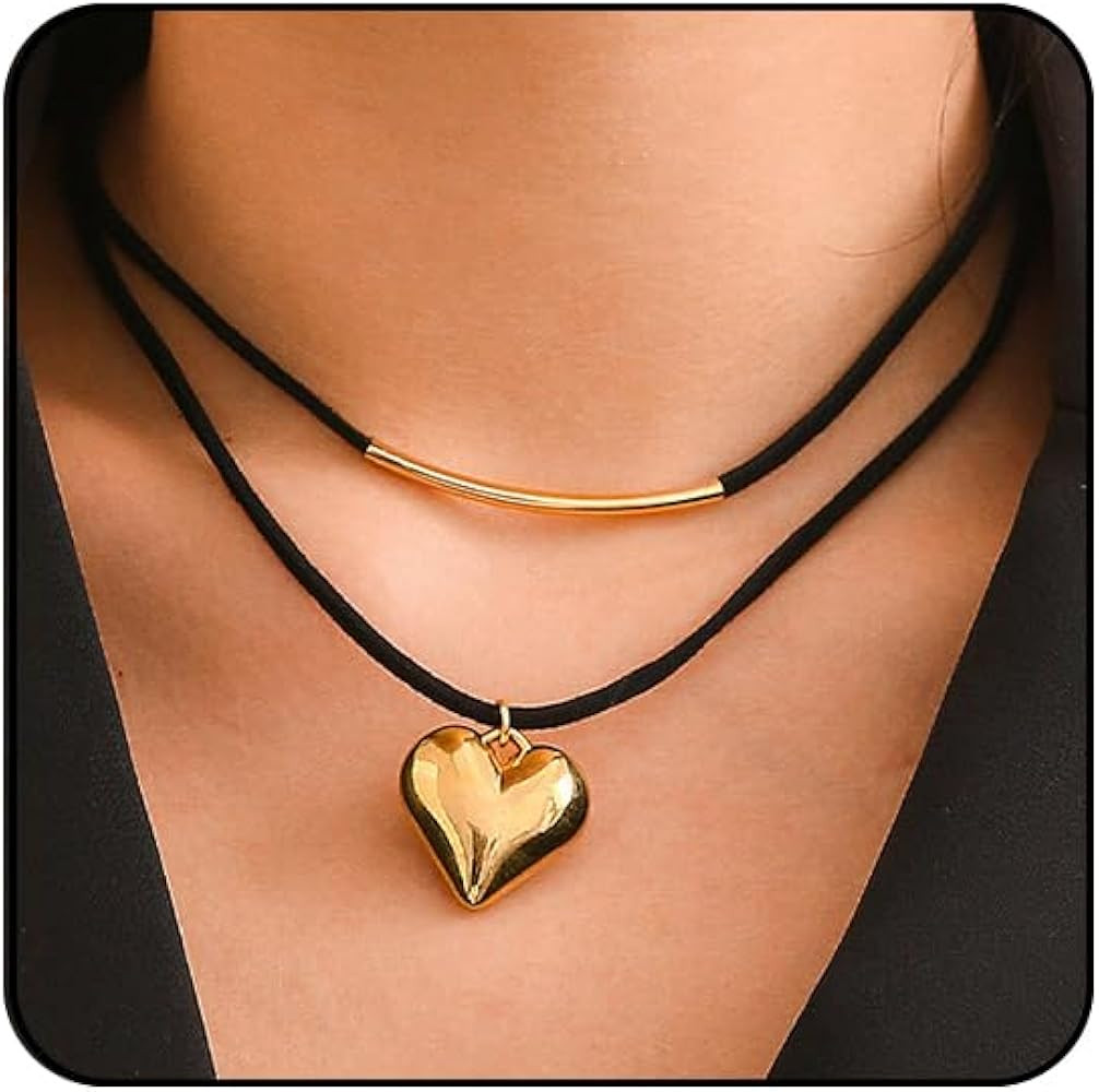 Chunky Heart Necklaces for Women Gold Puffy Heart Necklace for Women Black Choker Necklace Jewelr... | Amazon (CA)