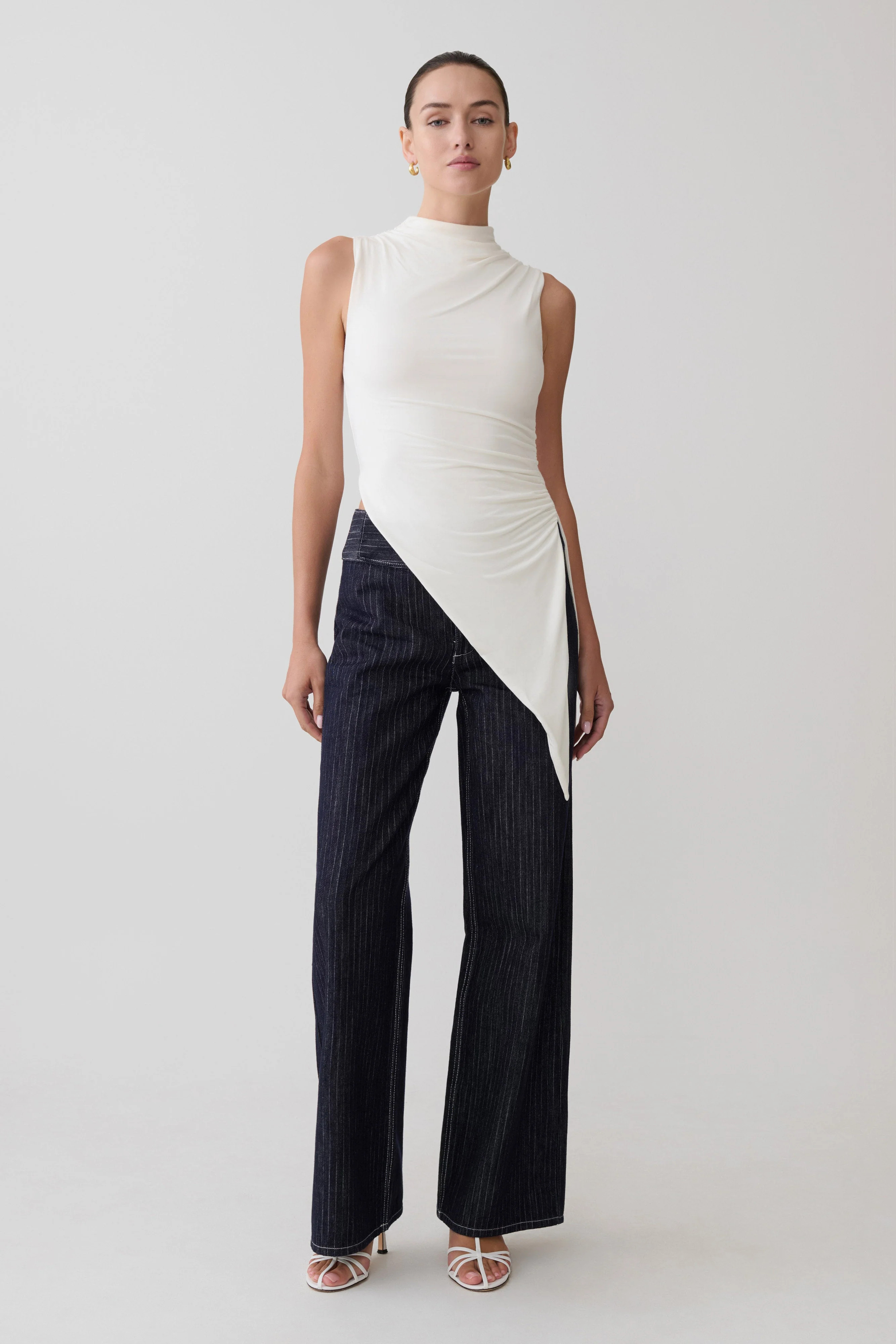 Suong High Neck Gathered Top - White | Meshki UK
