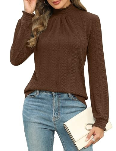 Womens Fall Fashion 2024 Work Clothes Blouses Brown Sweater Woman Mock Neck Tunic Tops for Women Loose Fit Brown L | Amazon (US)