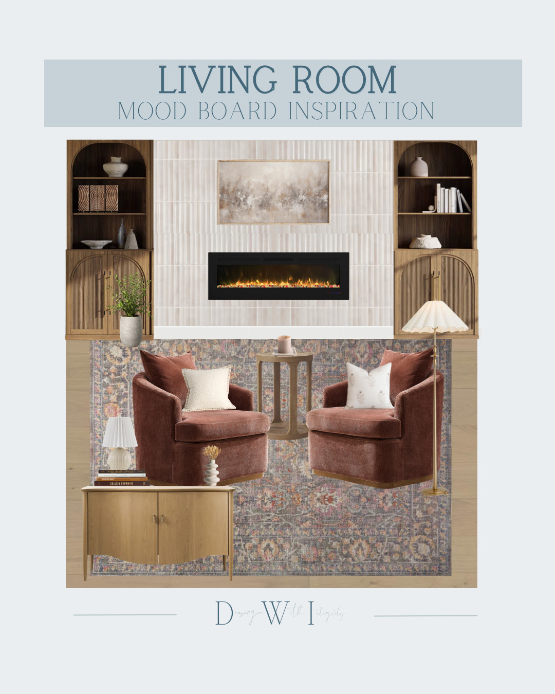 This living room mood board layers warmth, texture, and timeless detail for a space that feels elevated yet inviting. The reeded built ins and fluted fireplace tile create architectural interest, while rich rust velvet swivel chairs add depth and softness. A vintage inspired rug grounds the palette with muted blues and warm neutrals, and sculptural lighting introduces a refined finishing touch. Every element was selected to balance comfort with sophistication. Tap through to shop the curated furniture, lighting, and decor selections and bring this layered living room look home.

#livingroomdesign
#interiordesign
#homedecor
living room mood board
rust accent chairs
fluted fireplace tile
reeded cabinets
vintage style rug
modern built ins
swivel chairs
neutral living room 

 #LTKHome