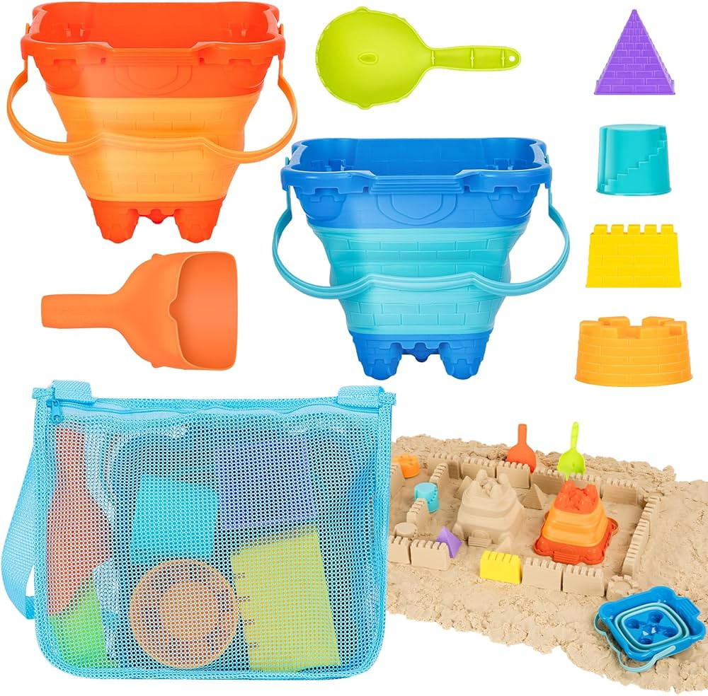Beach Toys, Collapsible Sand Toys - 9pcs Sand Castle Building Kit: Foldable Sand Buckets, Shovels... | Amazon (US)