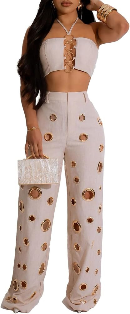 Womens Sexy Hollow Out 2 Piece Outfit Crop Tops Pants Sets Bodycon Jumpsuits Outfits | Amazon (US)