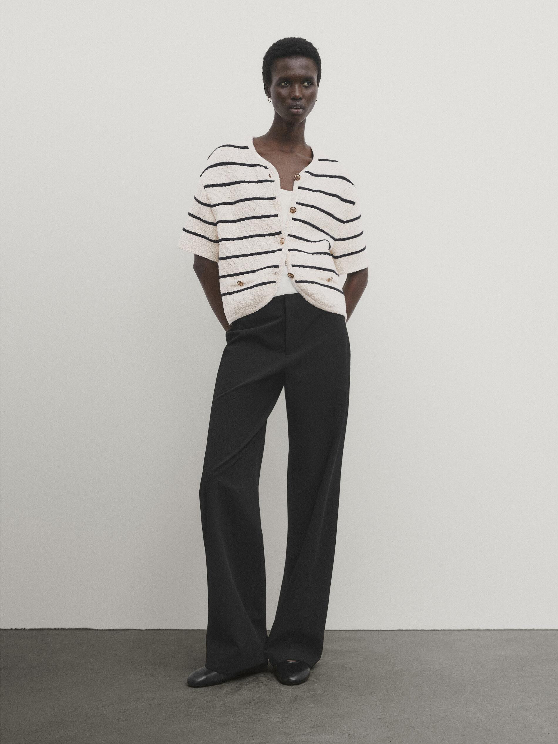 Striped short sleeve textured knit cardigan | Massimo Dutti US