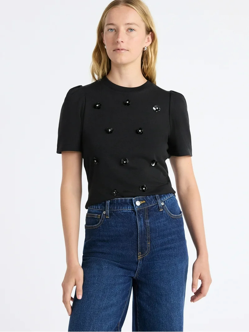 Free Assembly Women's and Women's Plus Embellished Pleat Shoulder Top with Short Sleeves, Sizes X... | Walmart (US)