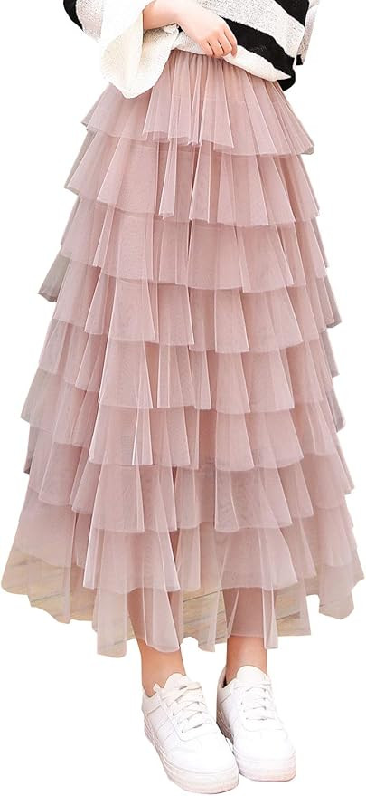 ebossy Women's Sweet Elastic Waist Tulle Layered Ruffles Mesh Long Tiered Skirt | Amazon (US)