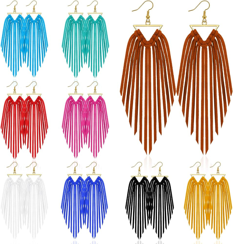 9 Pairs Fringe Leather Earrings Boho Triangle Deerskin Leather Fringe Boho Earrings for Women | Amazon (US)