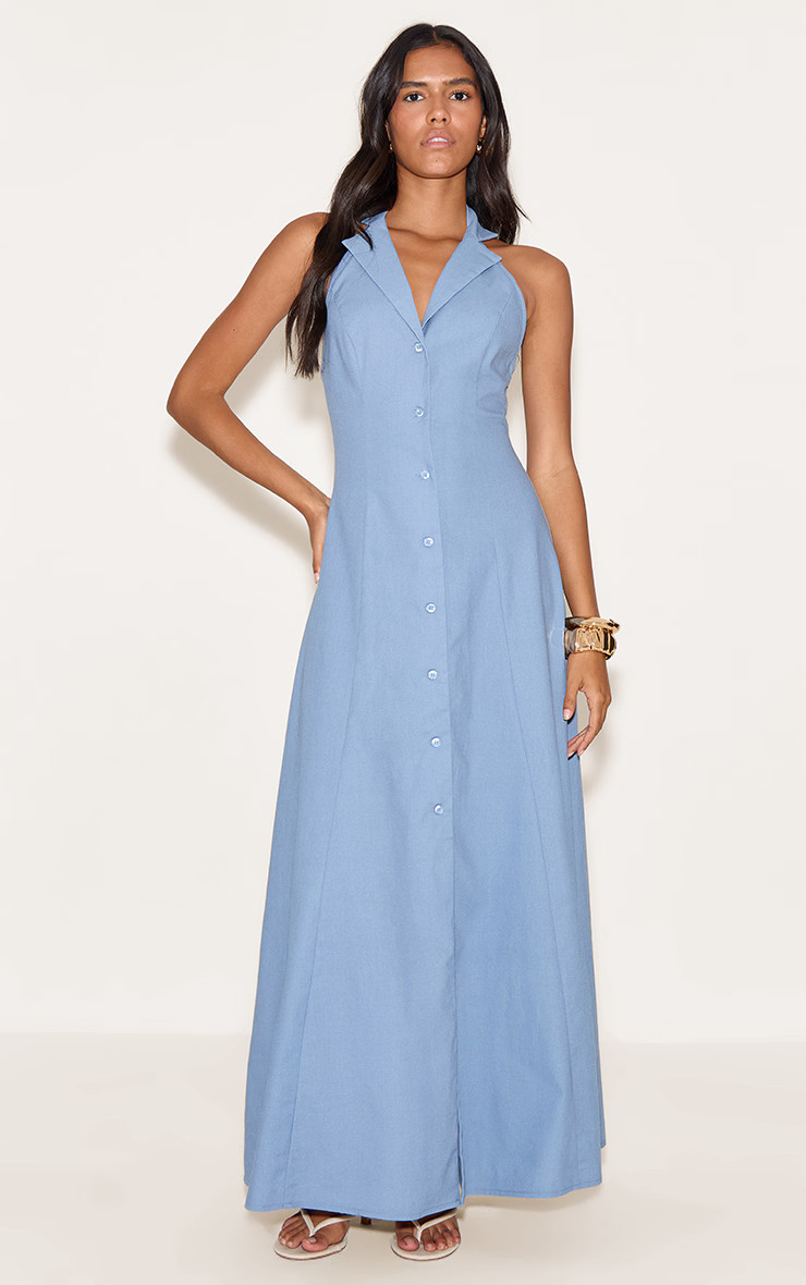 Light Blue Button Down Collar Detail Maxi Dress | PrettyLittleThing US