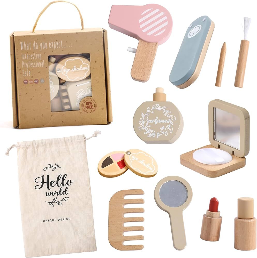 Fake Makeup Wooden Makeup Toy Set Wooden Toddler Makeup Kit Pretend Makeup Kit for Girls Kids Mak... | Amazon (US)