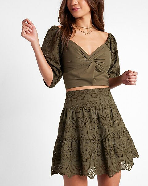 Twist Front Eyelet Sleeve Cropped Top | Express