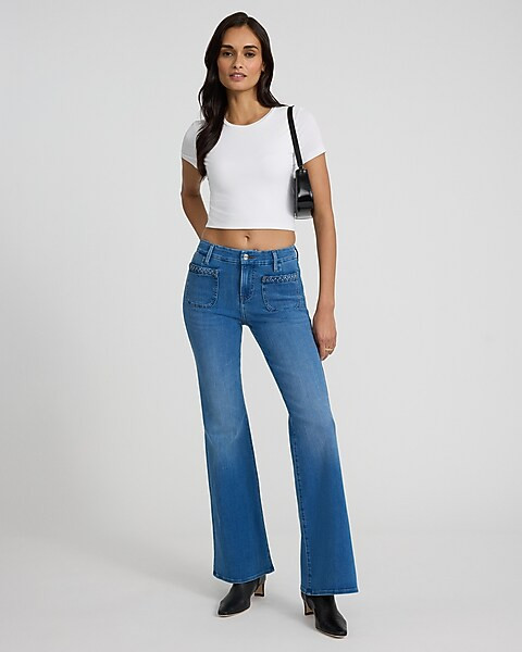 Mid Rise Medium Wash Braided Patch Pocket FlexX '70s Flare Jeans | Express