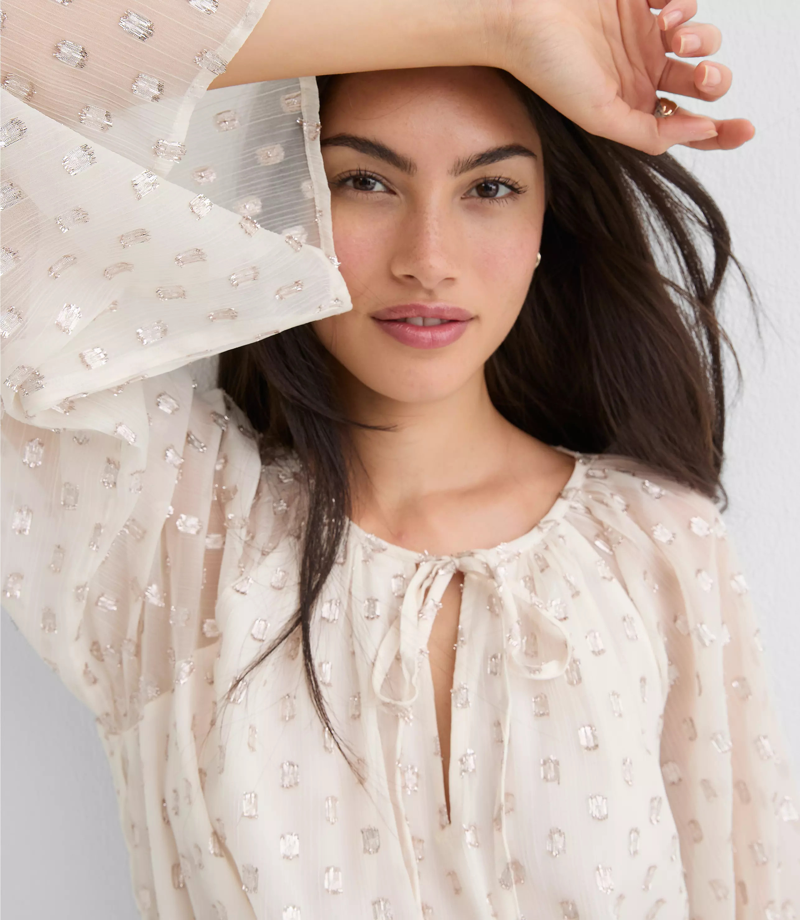Shimmer Clip Flare Sleeve Tie Neck Blouse | LOFT