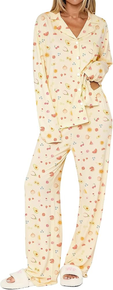 Dressmine Ladies Long Sleeve Cute Pajama Sets 2 Piece Fall Outfits Button Up Pjs Set Loungewear | Amazon (US)