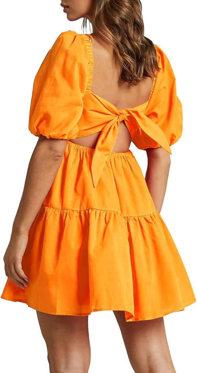 OWNGIGI Women's Summer Dress Square Neck Puffy Short Sleeve Loose Tie Back Casual A-Line Mini Dre... | Amazon (US)