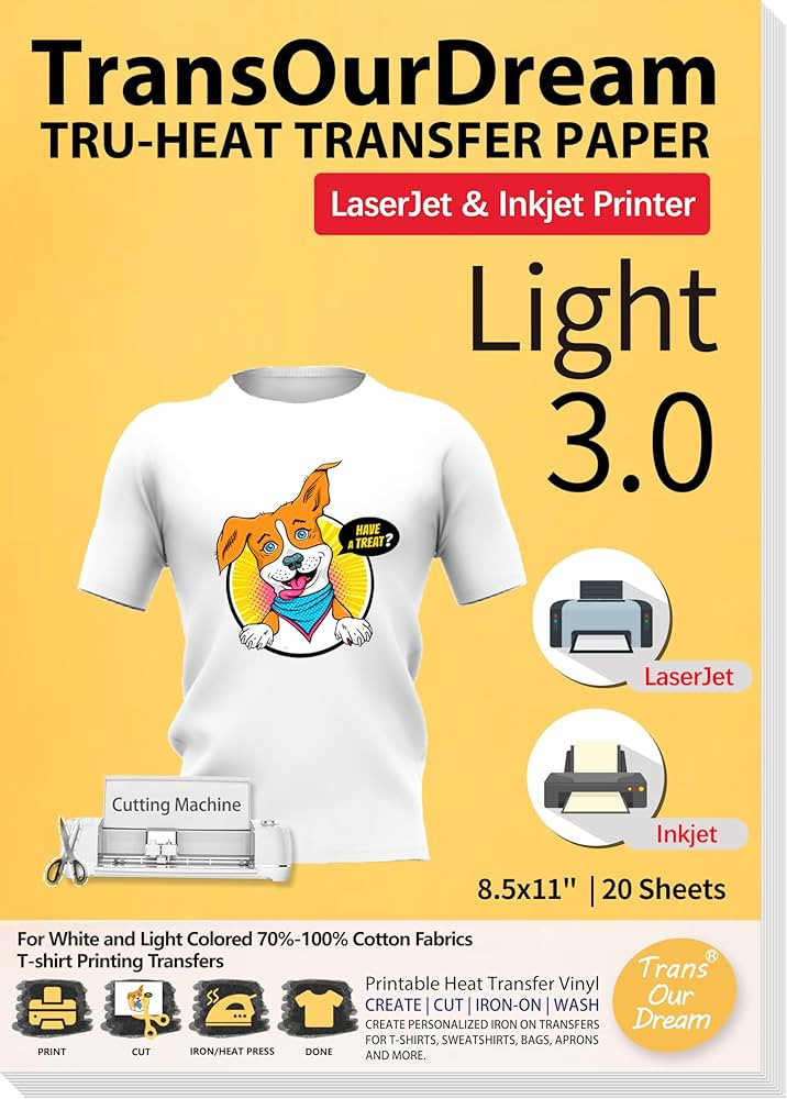 TransOurDream Tru-Heat Transfer Paper for Inkjet & Laserjet Printer (20 Sheets 8.5x11, 3.0) Print... | Amazon (US)