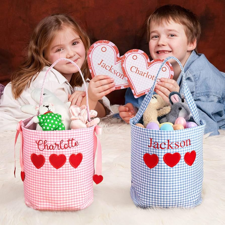 Custom Valentine Day Gift Bucket Gingham Heart Personalized Embroidered Name Gift Baskets with Ha... | Amazon (US)