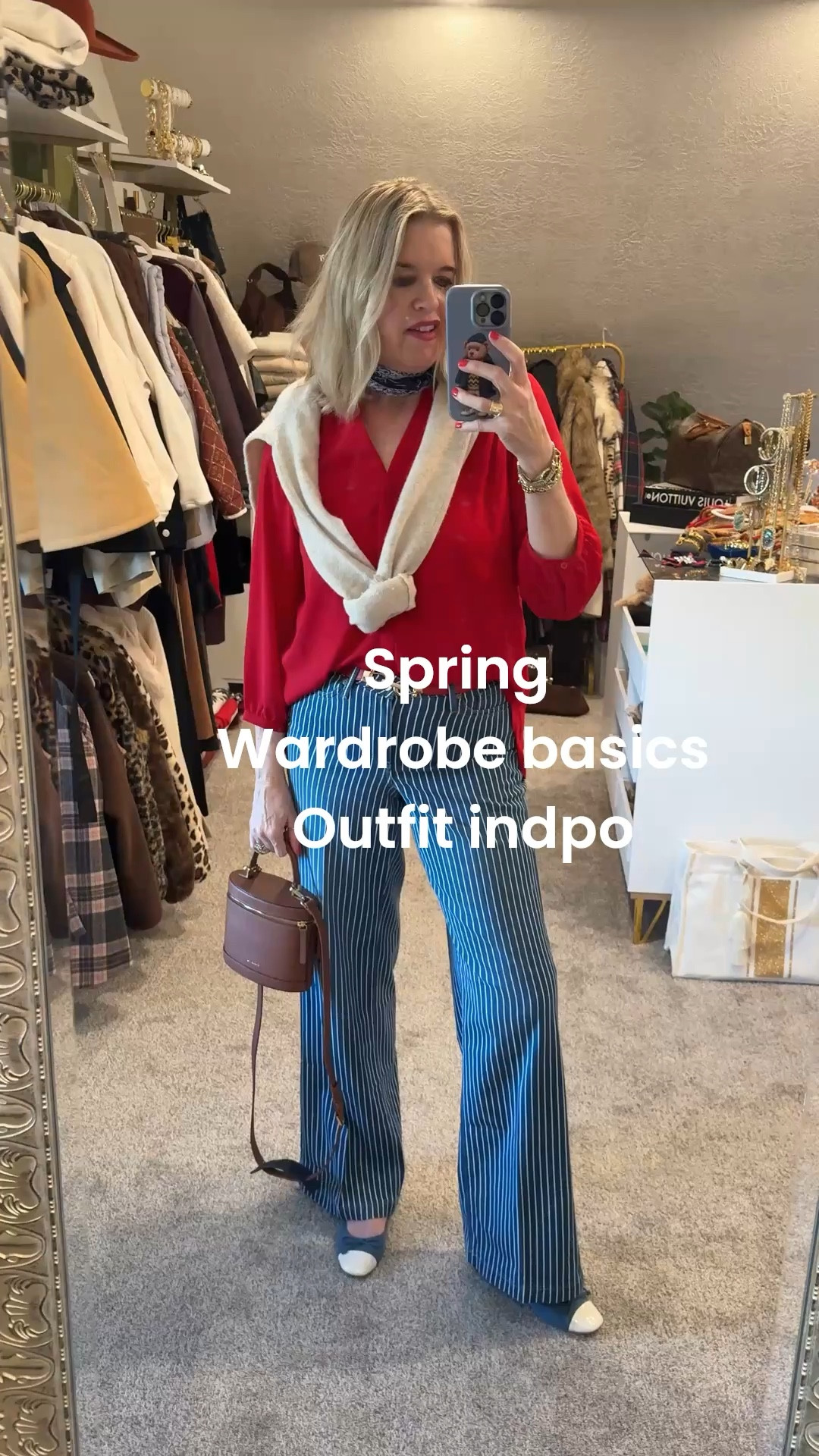 Spring Wardrobe Basics 
By NYDJ youll wear on repeat 

Outfit inspo

Red blouse with pleated  shoulder & back details  fits tts I am in a med

Pinstriped chambray blue and white strip wide leg light weight pants.
So comfortable you’ll wear on repeat.
Pair with any colors tts in a size 6

Cashmere sweater by cotes of London ( I linked similar from quince for better price points) 
Tts 

Cap toe chambray ballet glares by loft (old) linked similar 

Lester bag by Paris 64 
One of my favorite little bags 

Red streak h belt with gold buckle (best seller) 2 pack so affordable

Allie & Bess bracelets stack 
Save 20% off with code: DARCY20


#LTKgrwm #LTKOver40 #LTKootd