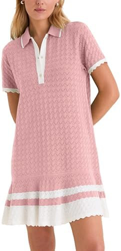 Shiyifa Womens Summer Sweater Polo Dresses Crochet Knit Short Sleeve Mini Dress Loose Casual Sund... | Amazon (US)