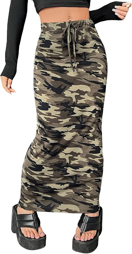 WDIRARA Women's Camo Print Drawstring Waist Bodycon Casual Pencil Long Skirt | Amazon (US)
