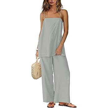 SENSERISE Linen Sets for Women 2 Piece Set Summer Beach Vacation Outfits Spaghetti Strap Tank Top... | Amazon (US)