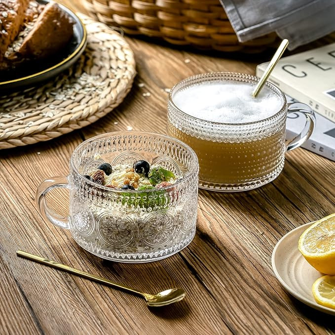 Gezzeny Vintage Glass Coffee Mugs 14 Oz Set of 2 Clear Embossed Tea Cups, Glass Coffee Cups for C... | Amazon (US)