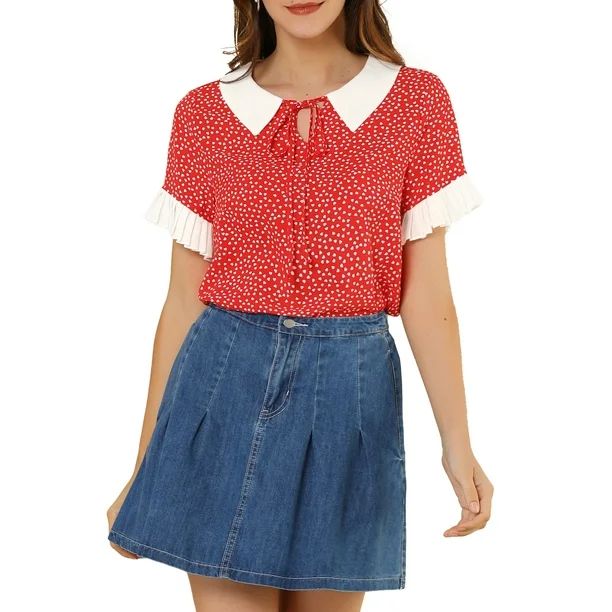 Allegra K Women's Contrast Doll Collar Short Sleeves Polka Dots Tops Blouses | Walmart (US)