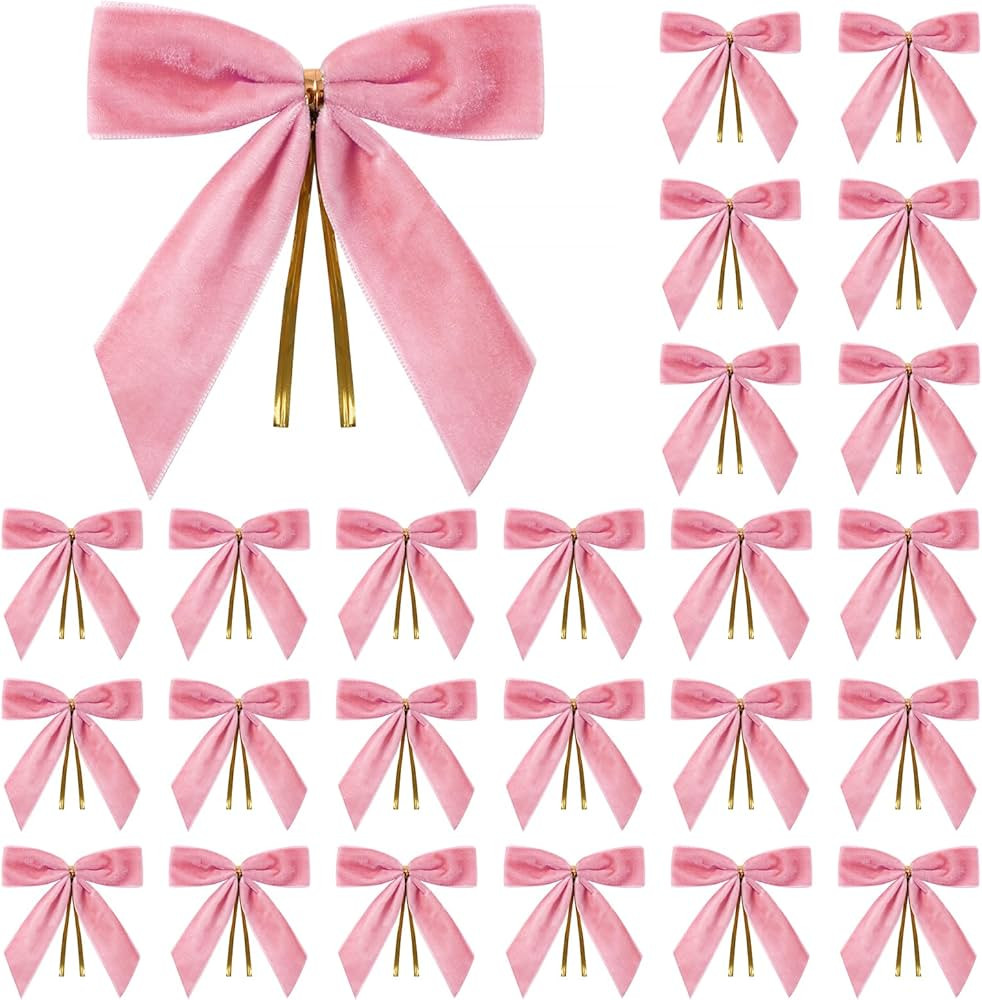 24 Pcs Pink Small Velvet Christmas Bows for Christmas Tree, Wreath, Gift Wrapping, Crafts, Weddin... | Amazon (US)