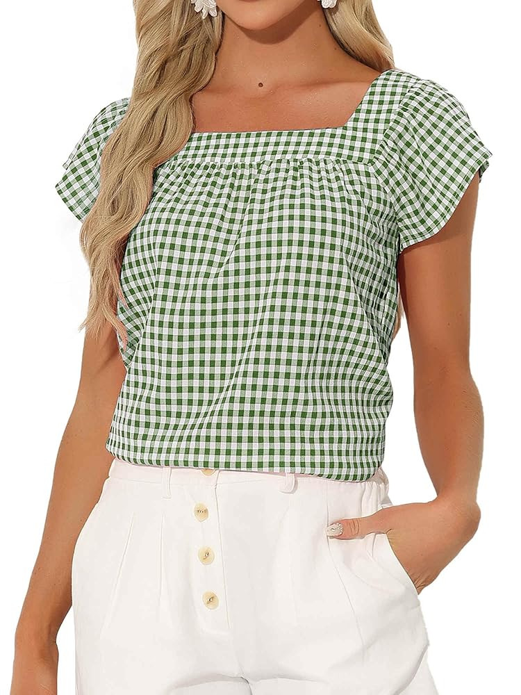 Allegra K Gingham Tops for Women Summer Cute Cap Sleeve Square Neck Plaid Shirts Casual Blouses | Amazon (US)