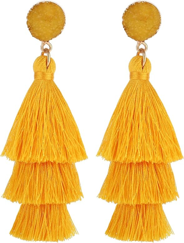 Amazon.com: LEGITTA Yellow Tassel Earrings with Druzy Stud Thread Layered Tiered Linear Drop Dang... | Amazon (US)