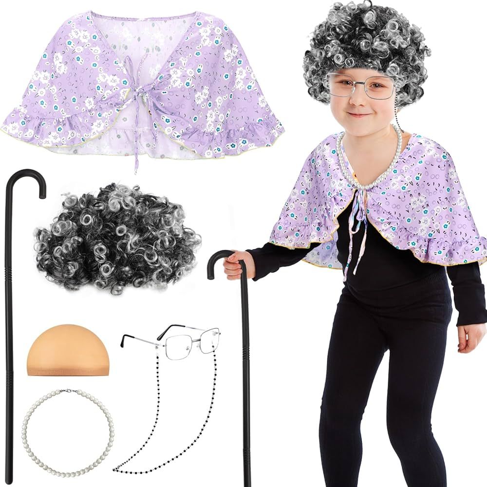 Berlune 7 Pcs 100th Day of School Old Lady Costume Old Grandma Costume for Kids Women Print Shawl... | Amazon (US)
