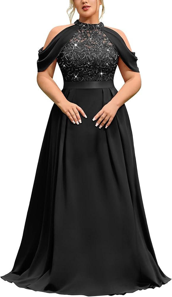 MISSMAY Women's Plus Size Dress Sequin Lace Halter with Cape Sleeves Evening Formal Maxi Dress | Amazon (US)
