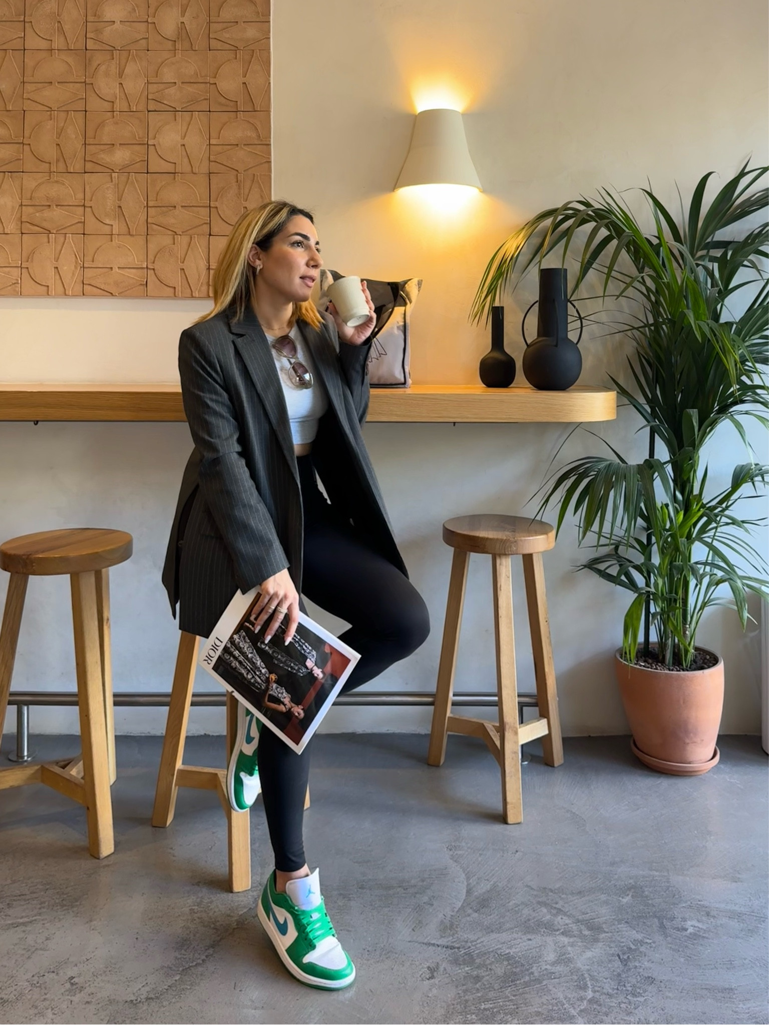 Pilates to lunch and coffee dates ✨
#casual #everyday #everydaylooks #ootd #lotd #greyblazer #pinstripe #leggings # blackleggings #croptop #sneakers #greensneakers #greentrend #nikejordans 

#LTKstyletip #LTKActive #LTKtravel