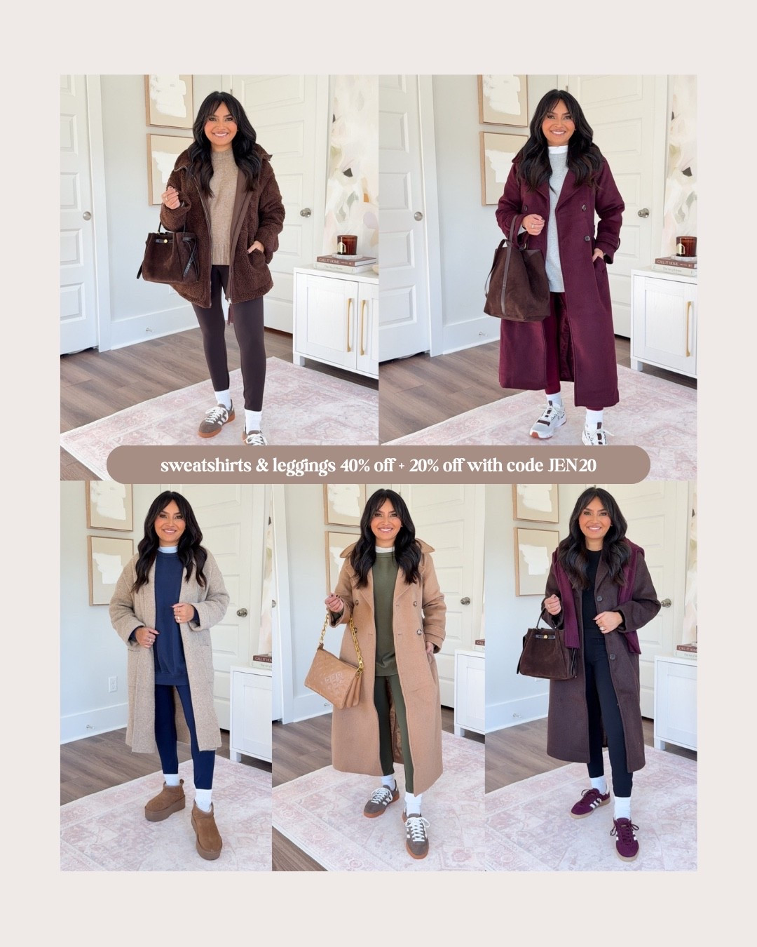 Cozy season is here! Fall outfits with leggings!
For reference: I’m 5’0, 32b bra size, and 2/26 in bottoms, pear shaped. 
*Everything I share is unaltered! TTS means true to size.

Deep brown fleece sherpa jacket size small TTS
Tan sweater - old,
Dark brown deep earth leggings size medium regular length - I like the longer length to tuck into boots and socks and I size up a size for a more comfortable waistband
Earth Strata / Off White / Gum sneakers size 6 TTS


Burgundy red wine wool trench coat size xs petite TTS
Gray heather sweatshirt size xs TTS
White tee size xs petite TTS
Deep cherry burgundy size medium regular length - I like the longer length to tuck into boots and socks and I size up a size for a more comfortable waistband
Ice/mulberry sneakers size 6.5 TTS

Khaki tan cardigan coatigan size small TTS
Eyelet blue tee size xs TTS
Navy sweatshirt size xs TTS
Royal navy leggings size medium regular length - I like the longer length to tuck into boots and socks and I size up a size for a more comfortable waistband

Camel wool trench coat size xs petite TTS
White tee size xs petite TTS
Military green sweatshirt size xs TTS
Military green leggings size medium regular length - I like the longer length to tuck into boots and socks and I size up a size for a more comfortable waistband
Earth Strata / Off White / Gum sneakers size 6 TTS
Chestnut platform Uggs size 5 TTS

Brown dark coffee coat size xs petite TTS
Black sweater - old
Burgundy sweater size xs petite TTS
Black leggings size small regular - I like the longer length to tuck into boots and socks
Maroon / Cream White / Gold Metallic sneakers size 6 TTS



petite fall outfits
petite cozy outfits
fall outfits with leggings
petite capsule wardrobe
cozy fall style
petite outfit ideas
casual fall outfits
petite fall fashion
everyday fall outfits
petite casual style
fall capsule wardrobe petite
comfy fall outfit ideas
leggings fall outfit
petite fashion finds
fall outfit inspo petite
petite friendly pieces
Rachel Miranda Blog
Honeysweetpetite
Honey Sweet Petite

#LTKFindsUnder50 #LTKPetite #LTKSaleAlert