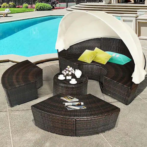 Patio Rattan Daybed Cushioned Sofa Adjustable Table Top Canopy - Bed Bath & Beyond - 37165169 | Bed Bath & Beyond