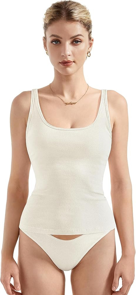 SUUKSESS Women Padded Cotton Ribbed Long Tank Tops 2025 Summer Going Out Basic Scoop Neck Cami To... | Amazon (US)
