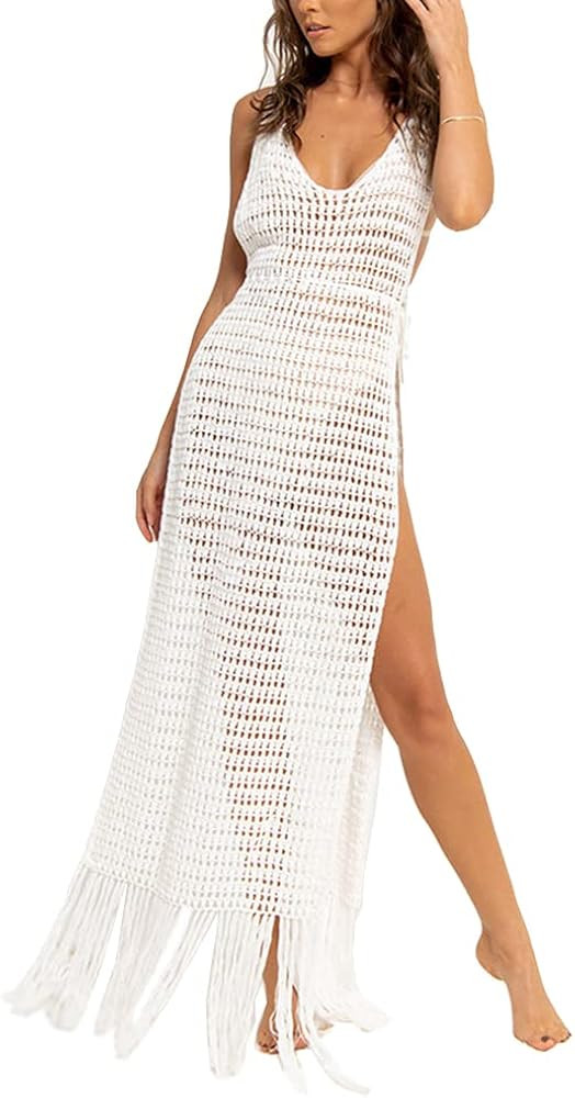 Women Sexy Hollow Out Mesh Tassle Skirts Beach Cover Up Crochet Summer Swimsuit Split Sheer Maxi ... | Amazon (US)