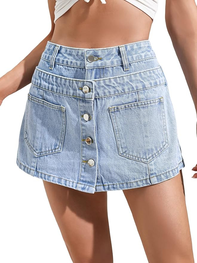 Floerns Women's Casual Wrap Button Front Asymmetrical Jean Denim Skort Skirt Shorts | Amazon (US)