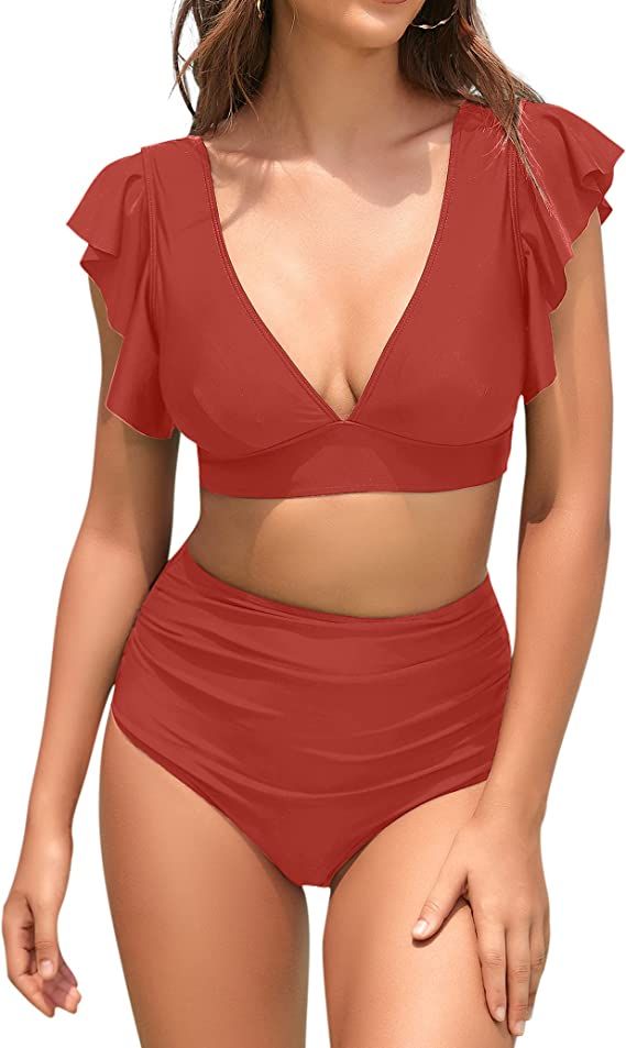 MISSKY Women's V Neck Bikini Set Two Piece Ruffled Top Bathing Suits U Back Swimwear with High Wa... | Amazon (US)