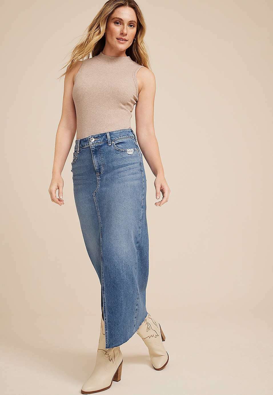 Split Front Denim Maxi Skirt | Maurices