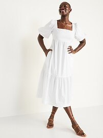 Puff-Sleeve Fit & Flare Smocked All-Day Midi Dress for Women | Old Navy (US)