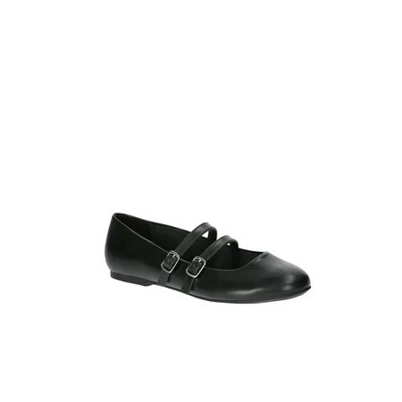 No Boundaries Faux Leather Mary Jane Flats with Double Straps, Women's | Walmart (US)