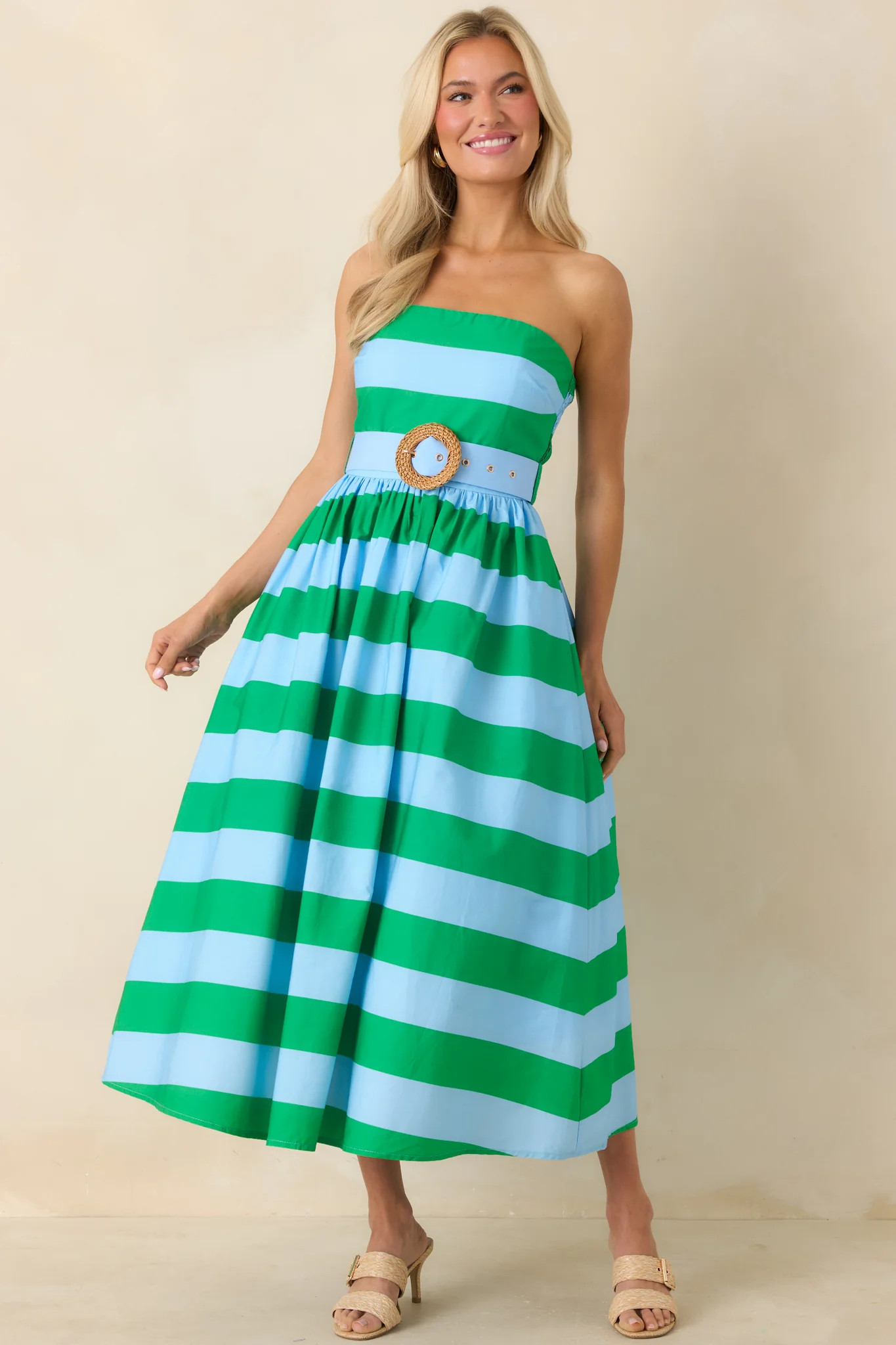 The Amanda Green & Light Blue Stripe Cotton Strapless Midi Dress | Red Dress