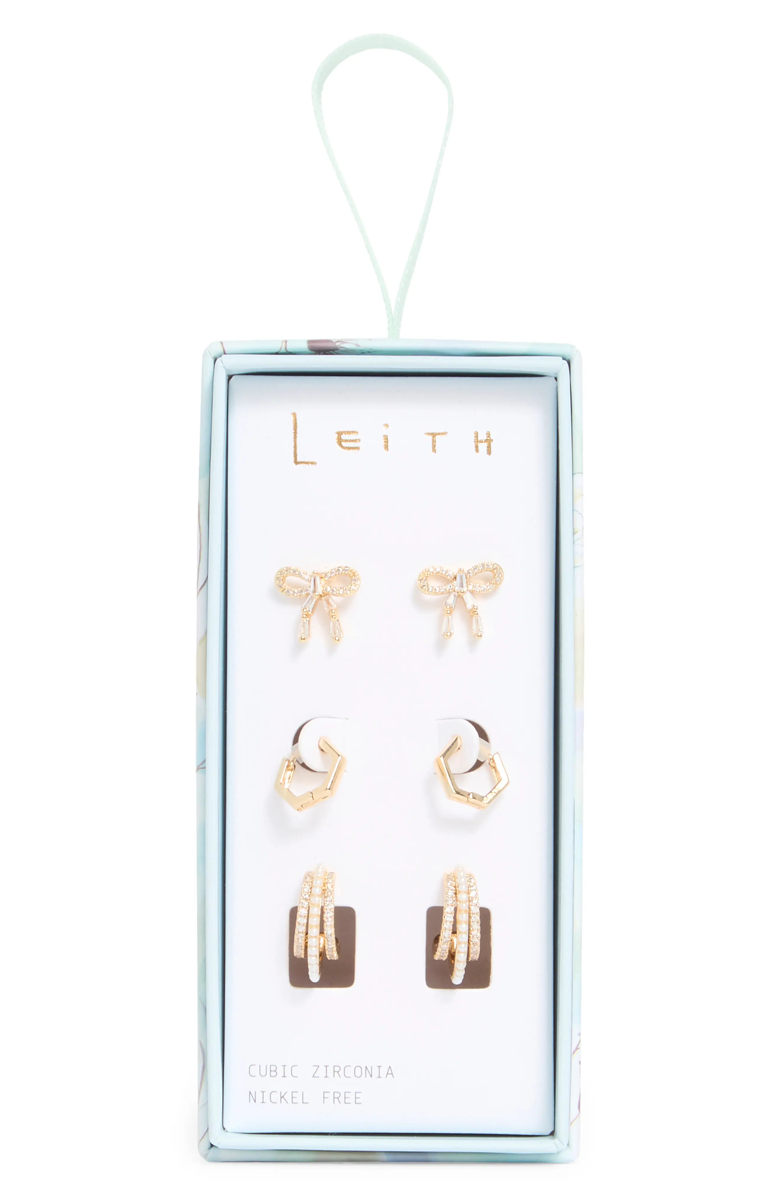 Leith Set of 3 Assorted Stud & Huggie Hoop Earrings in Clear- Gold at Nordstrom Rack | Nordstrom Rack