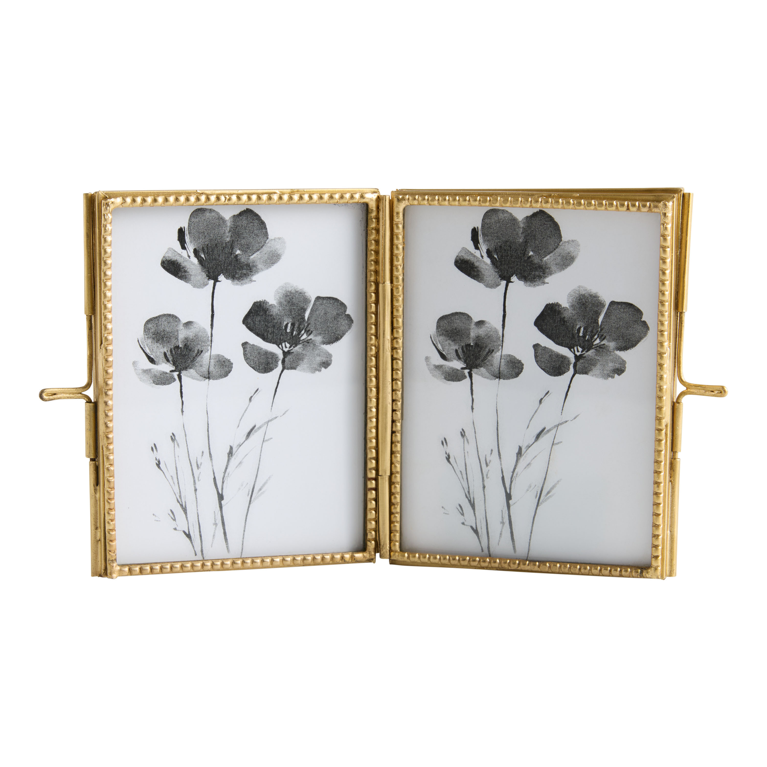 Mini Antique Brass Bead Hinged Double Picture Frame | World Market