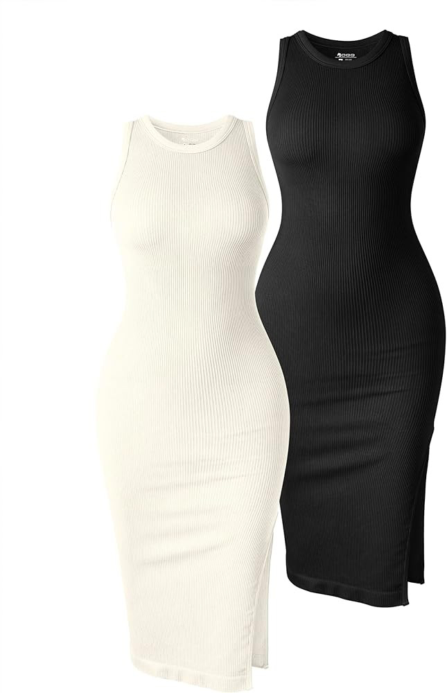 OQQ Women's 2 Piece Dress Sexy Ribbed Halter Neck Fashion Split Tank Tops Dresses | Amazon (US)
